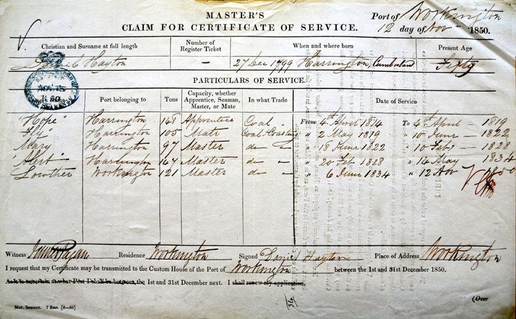 Daniel Hayton Master's Certificate of Service 1850